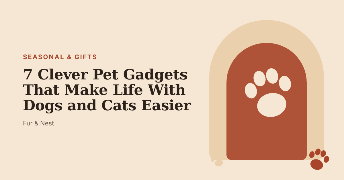 A cartoon dog and cat looking at a glowing collar, a ball launcher and an automatic feeder